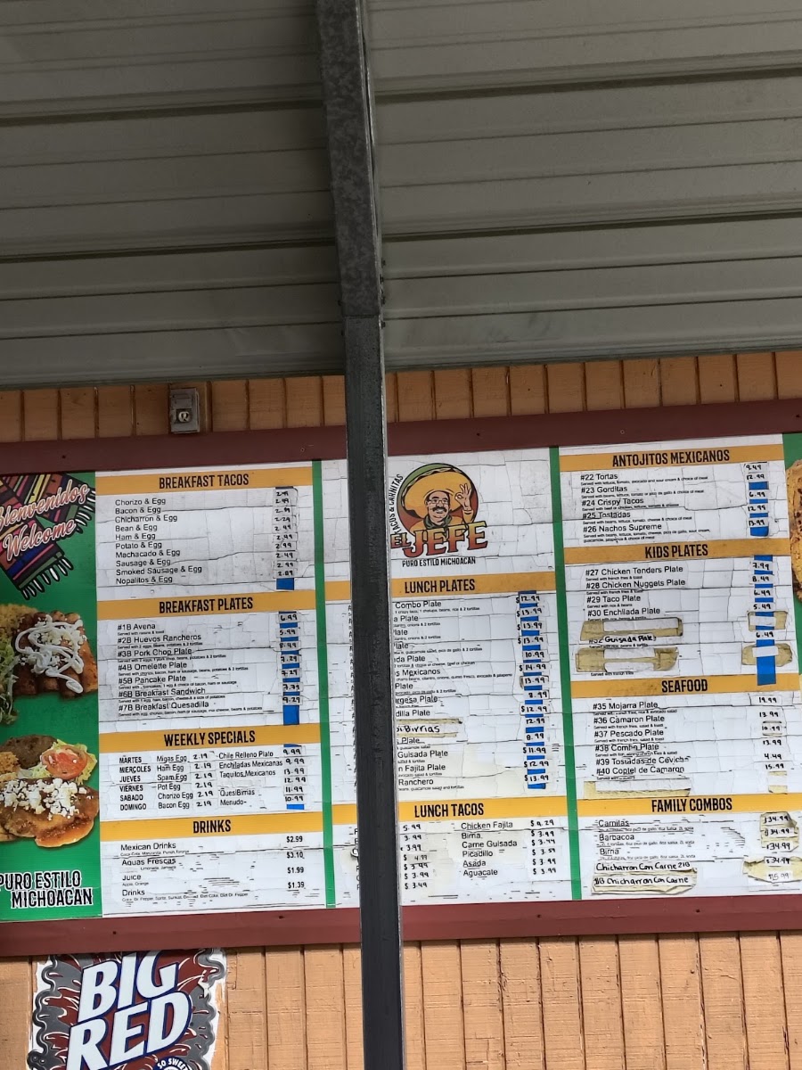 Tacos y Carnitas “El Jefe” menu board