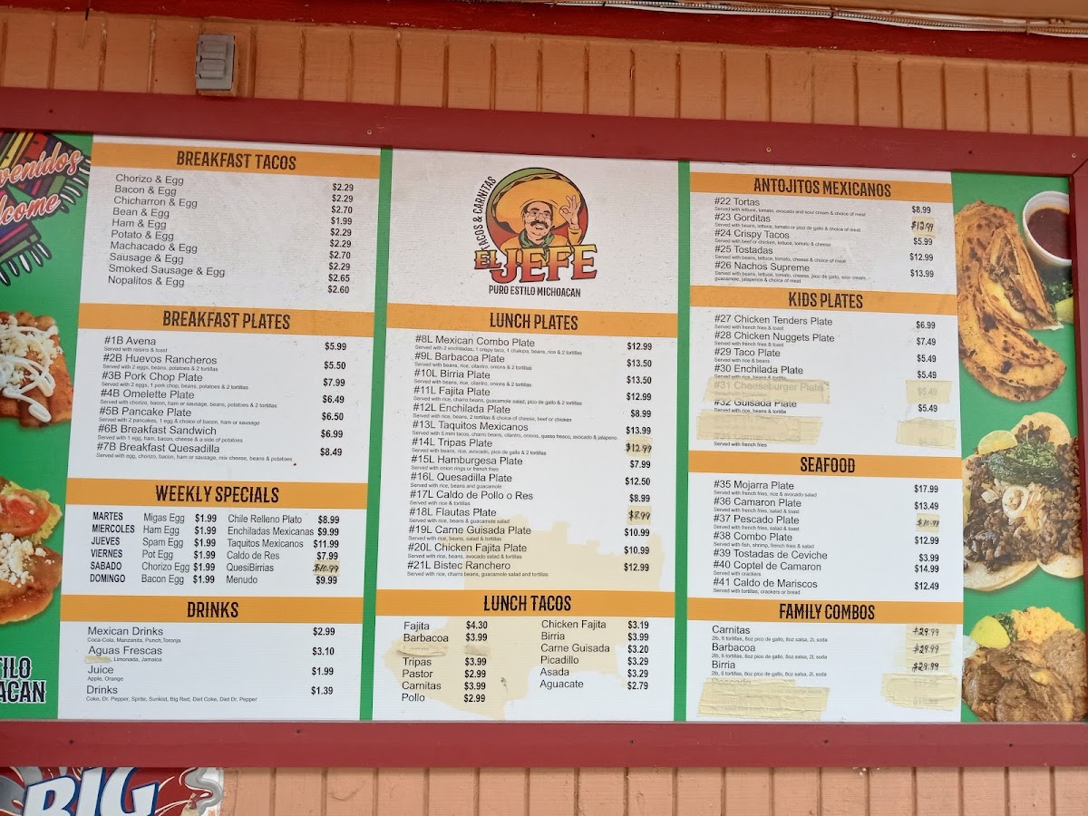 Tacos y Carnitas “El Jefe” menu board