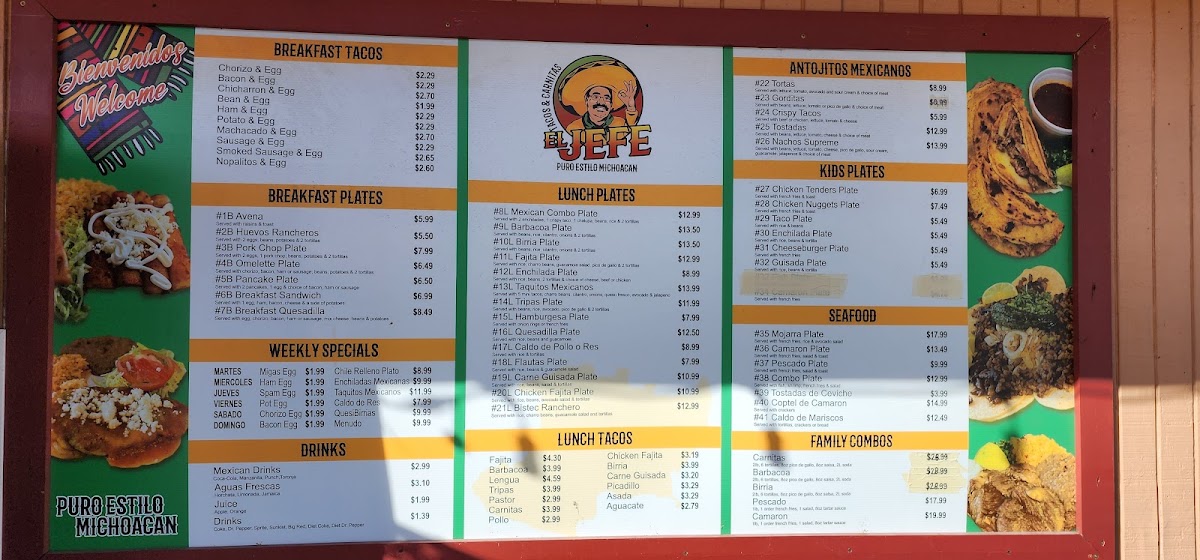 Tacos y Carnitas “El Jefe” menu board