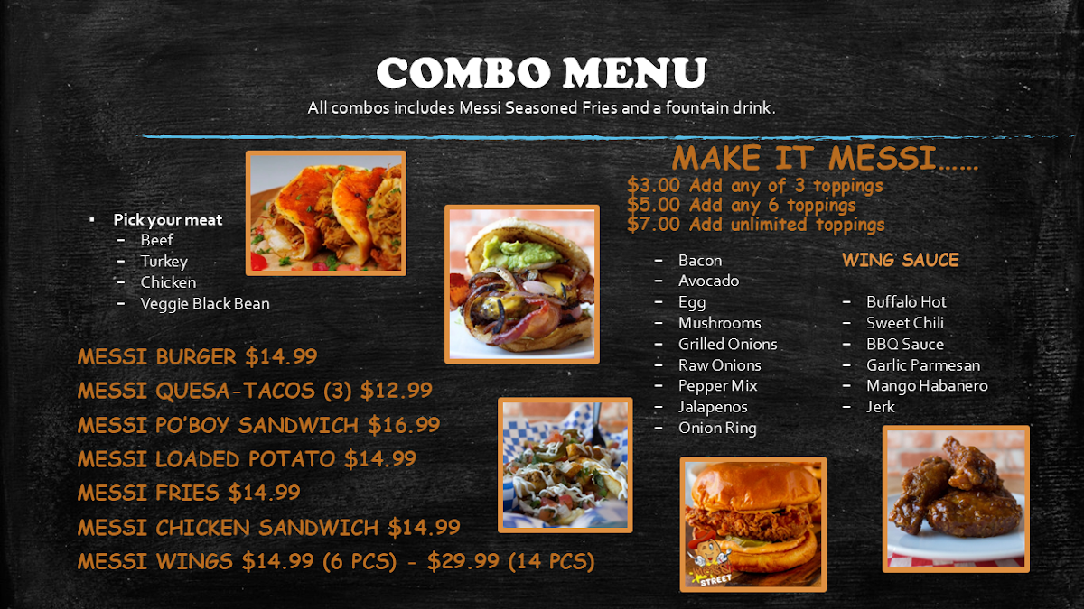 Messi Street Food menu board