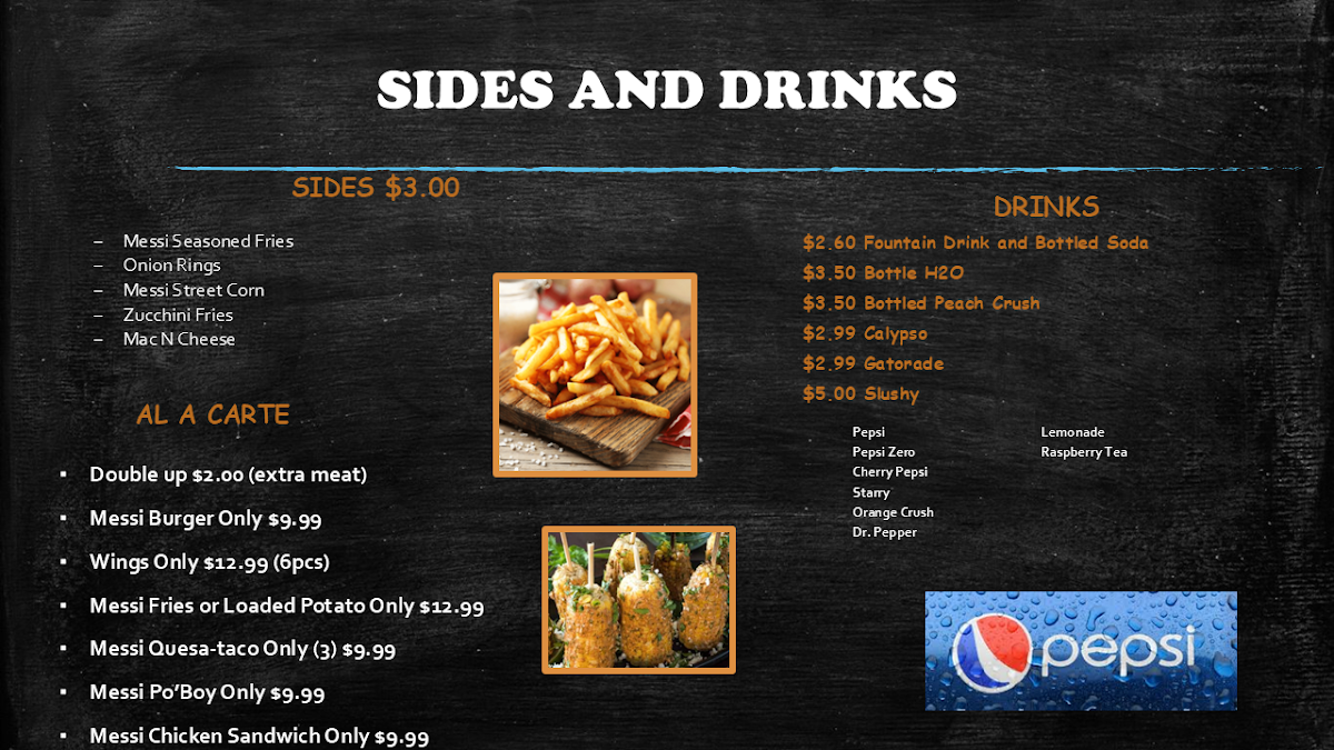 Messi Street Food menu board