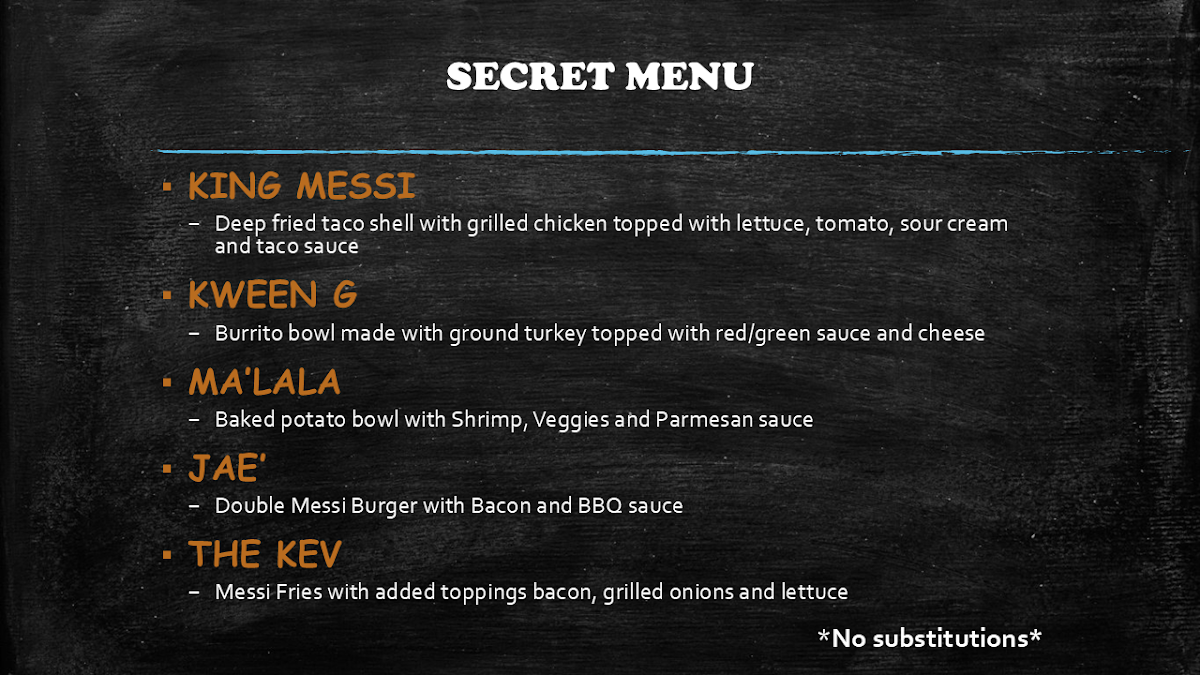 Messi Street Food menu board