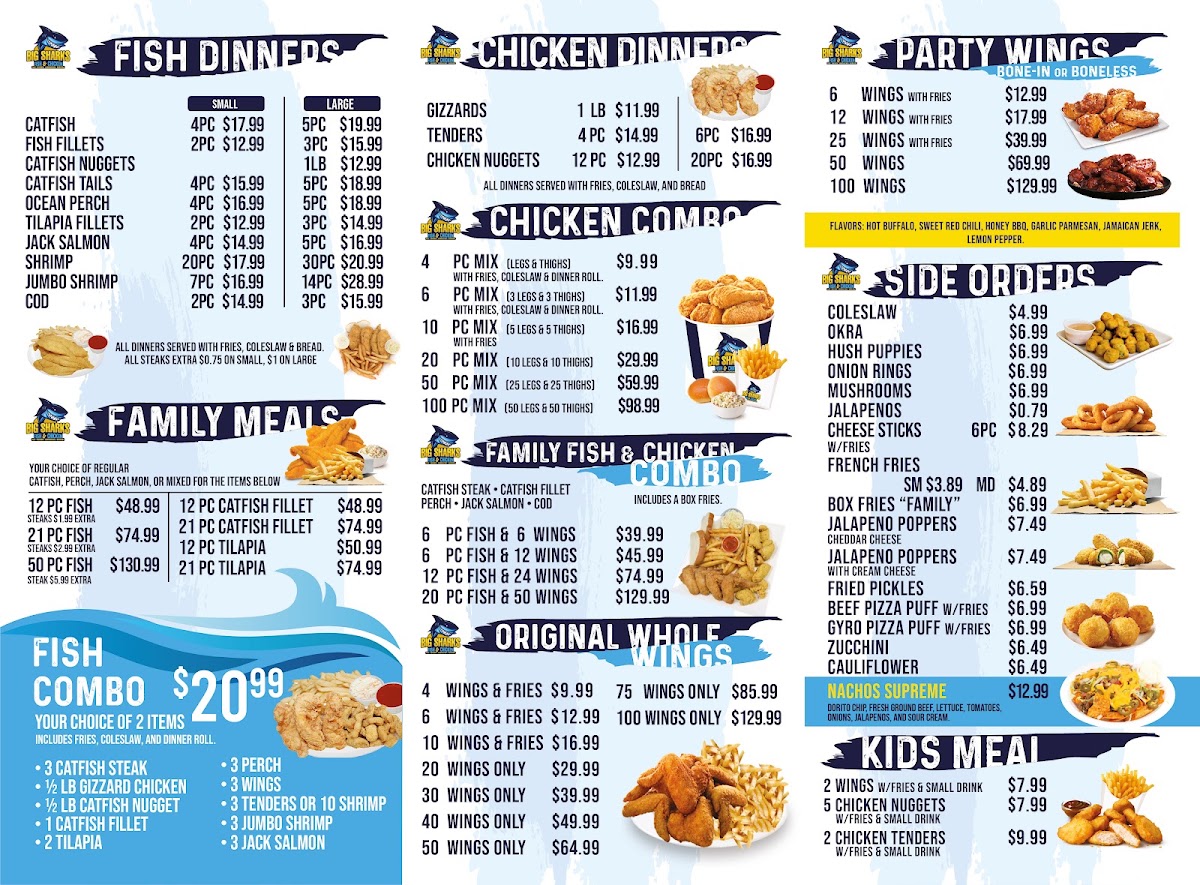 Big Sharks Fish & Chicken menu board