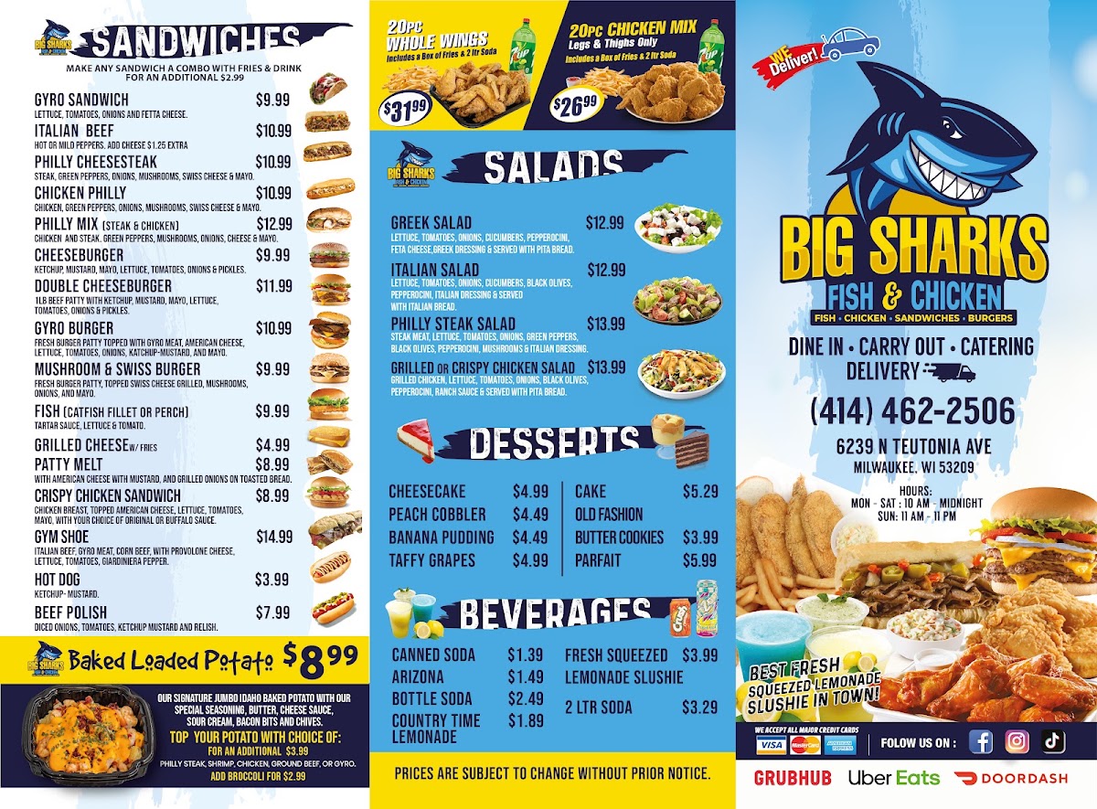 Big Sharks Fish & Chicken menu board