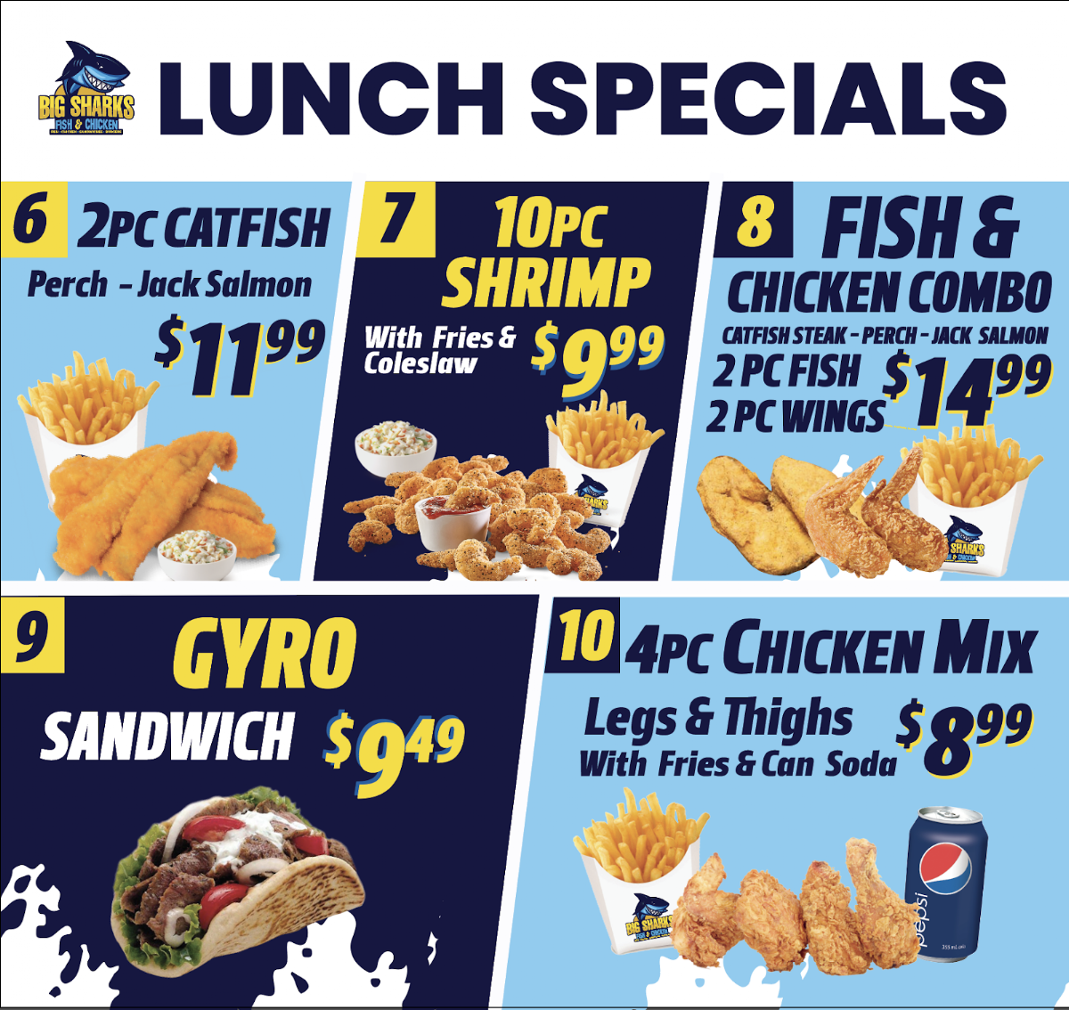 Big Sharks Fish & Chicken menu board