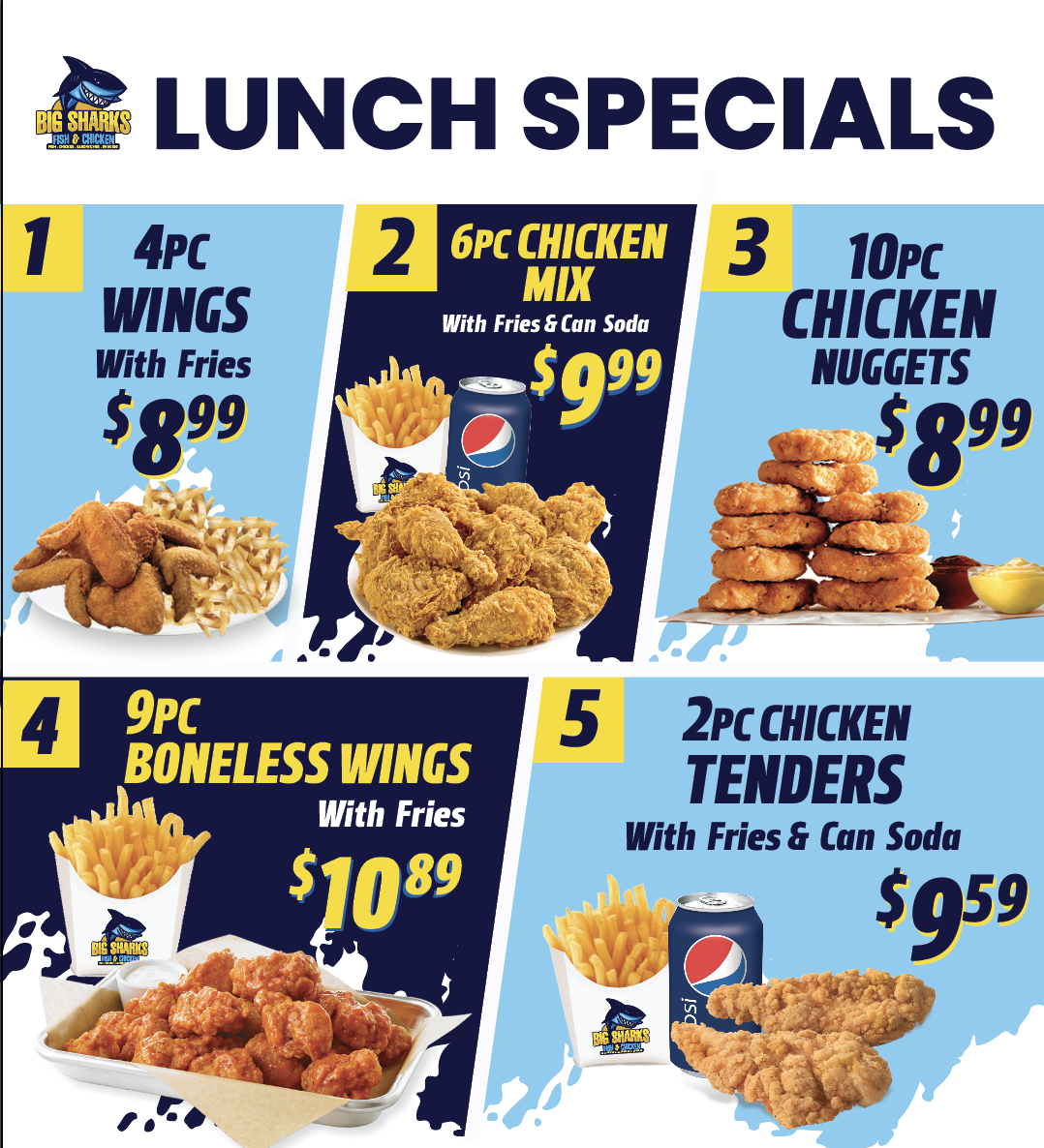 Big Sharks Fish & Chicken menu board