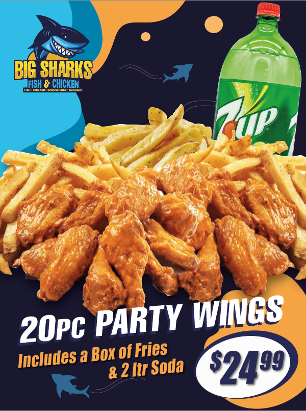 Big Sharks Fish & Chicken menu board