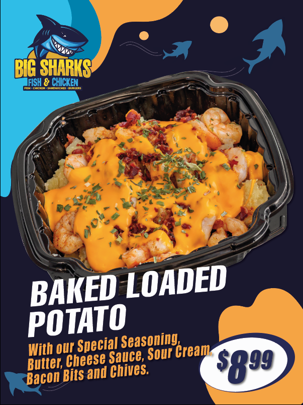Big Sharks Fish & Chicken menu board