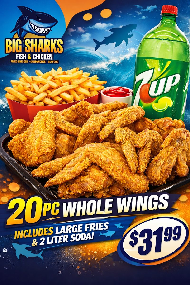 Big Sharks Fish & Chicken menu board