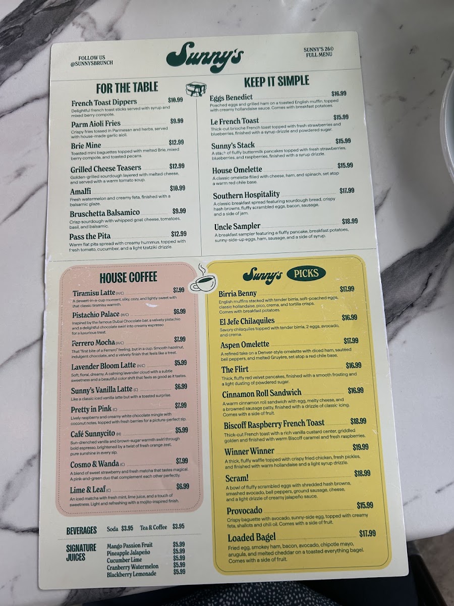 Sunny's menu board