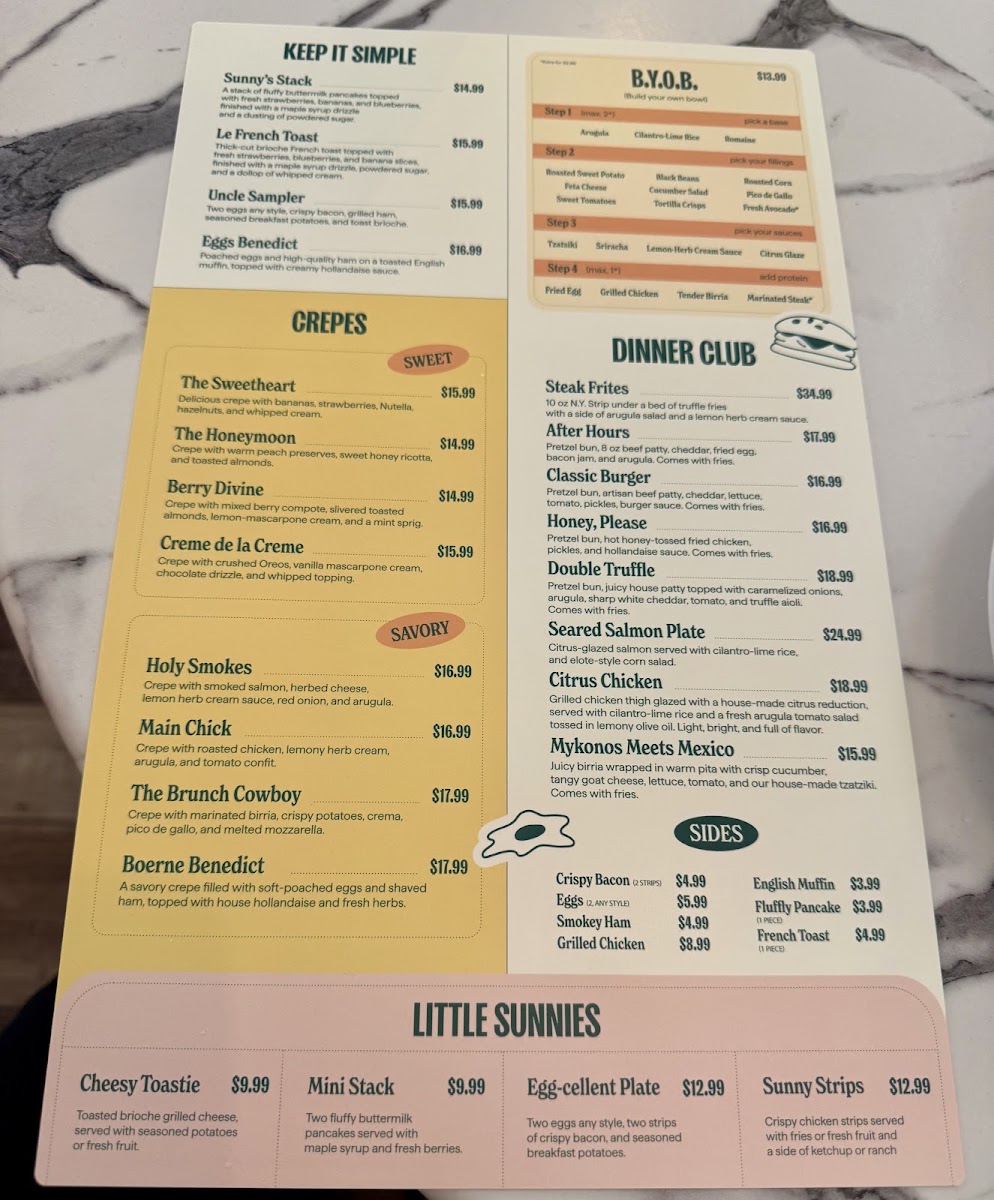 Sunny's menu board