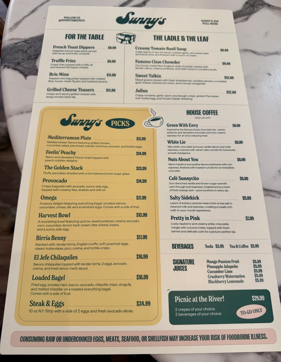 Sunny's menu board