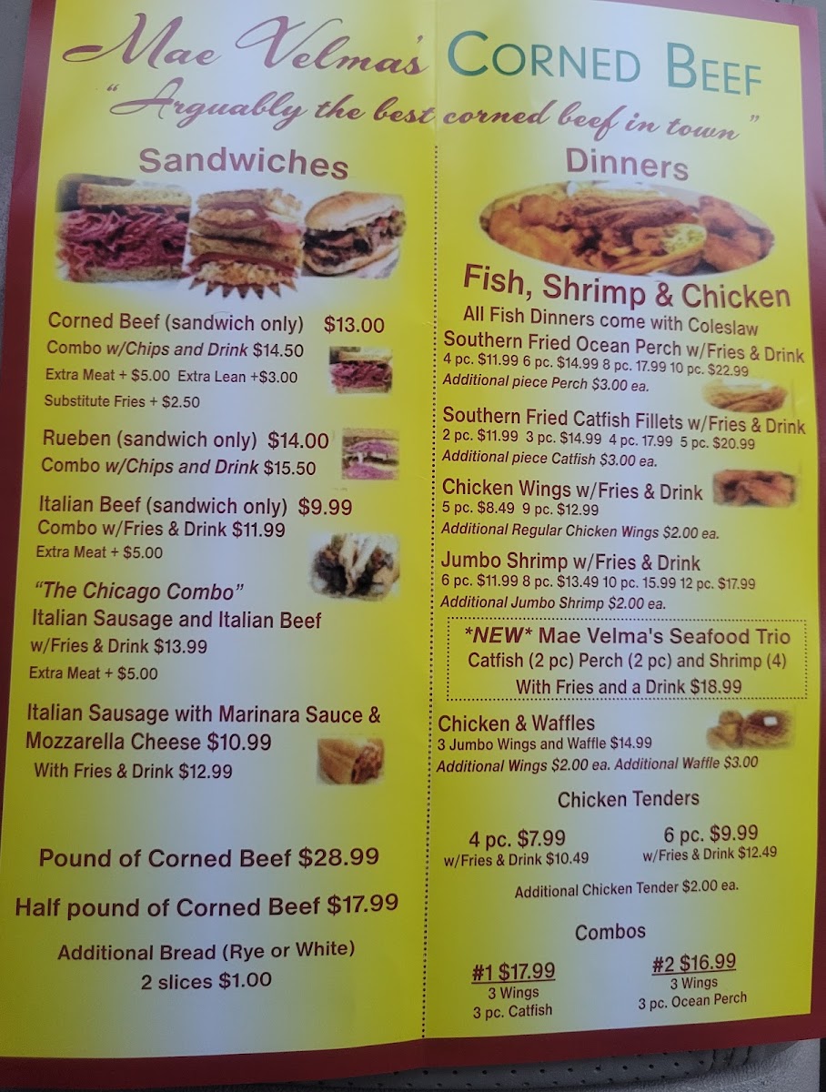 Mae Velma's Corned Beef | Tripoli Park (Teutonia Ave) menu board