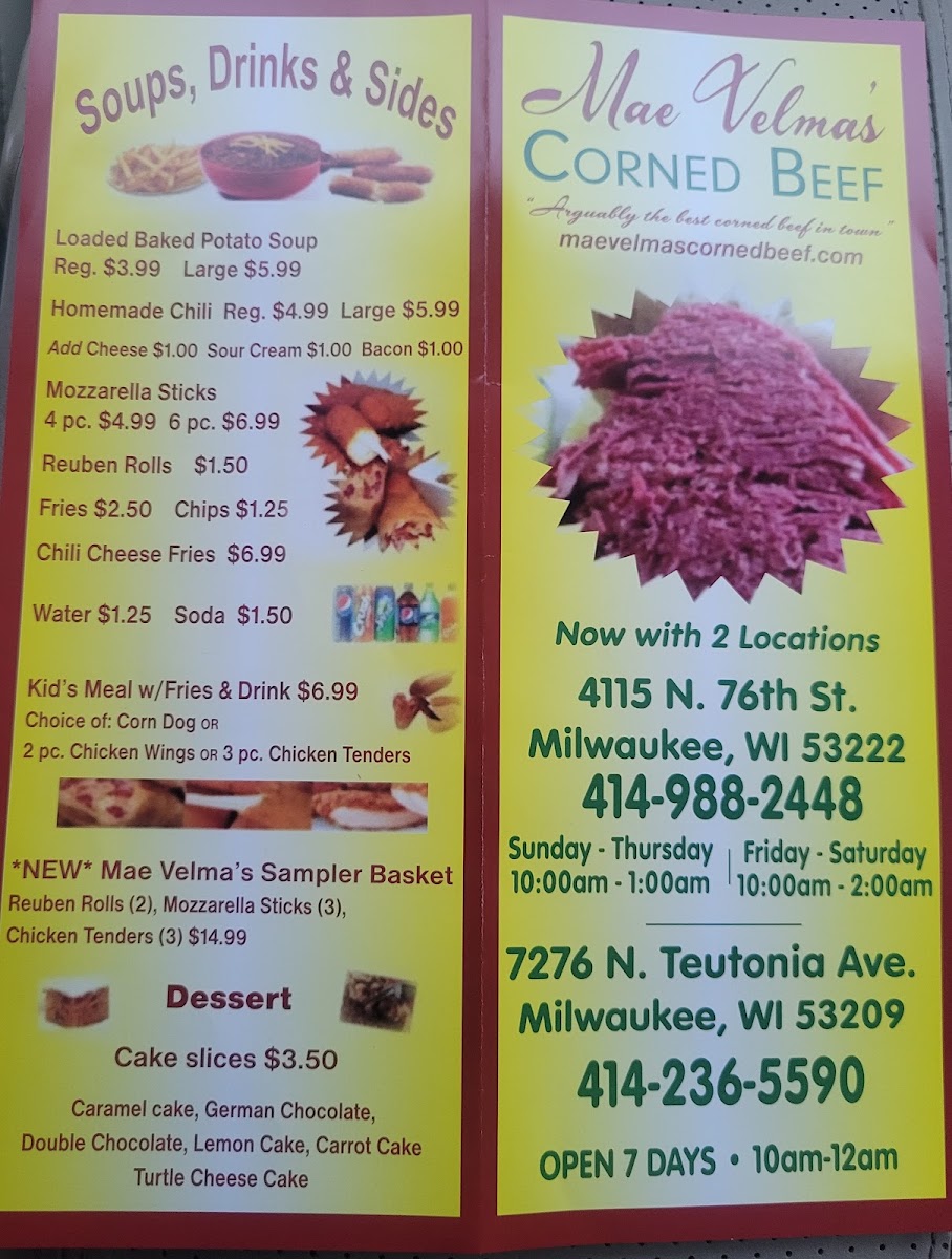 Mae Velma's Corned Beef | Tripoli Park (Teutonia Ave) menu board