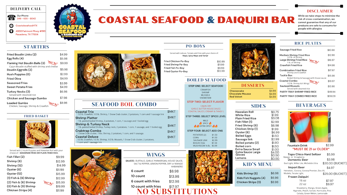 Coastal Seafood & Daiquiri Bar menu board