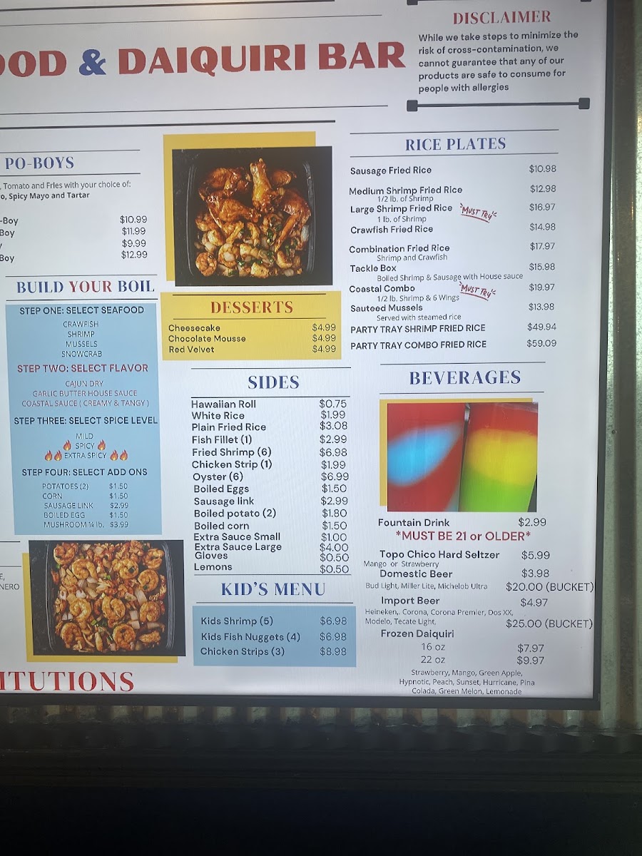 Coastal Seafood & Daiquiri Bar menu board