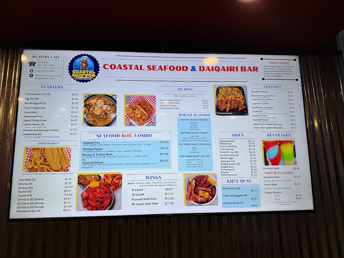 Coastal Seafood & Daiquiri Bar menu board