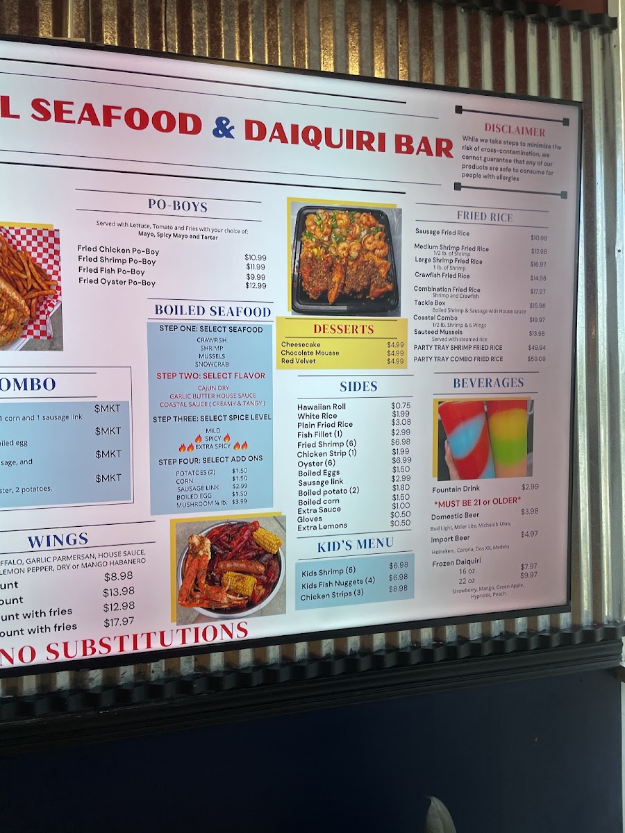 Coastal Seafood & Daiquiri Bar menu board