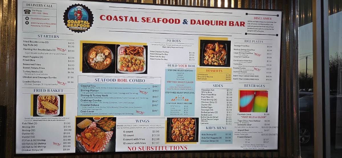 Coastal Seafood & Daiquiri Bar menu board