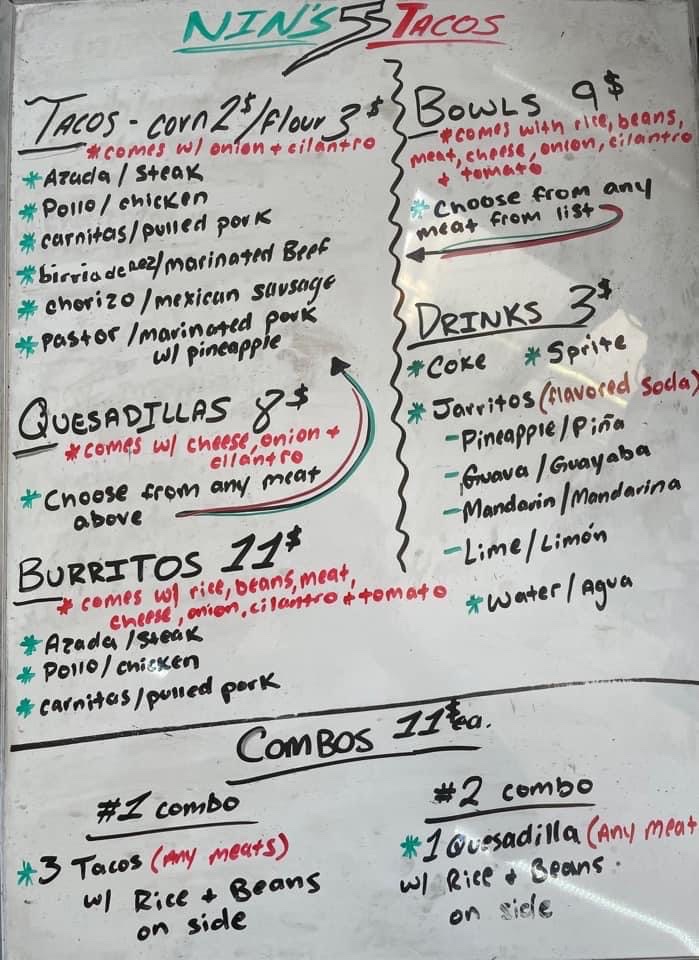 Nin's 5 Tacos menu board
