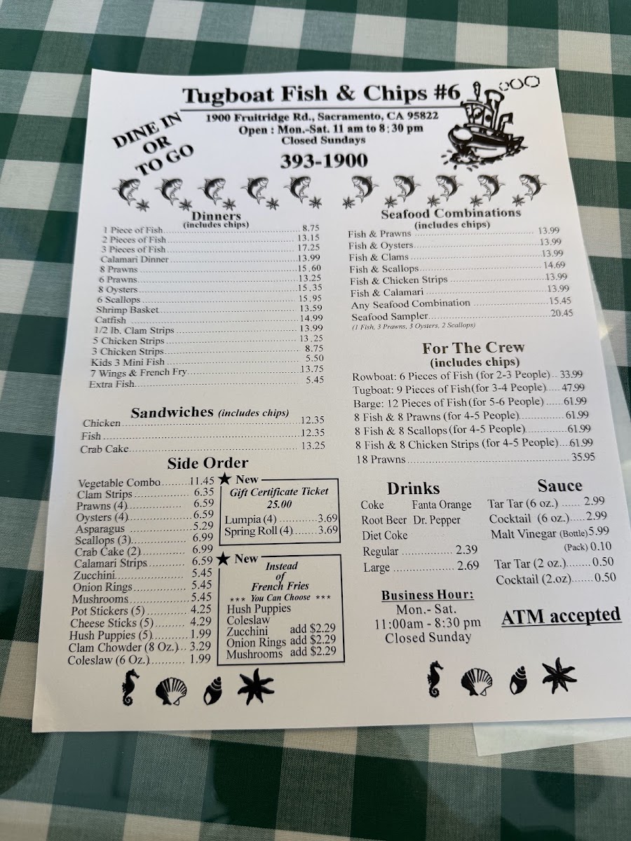 Tugboat Fish & Chips menu board