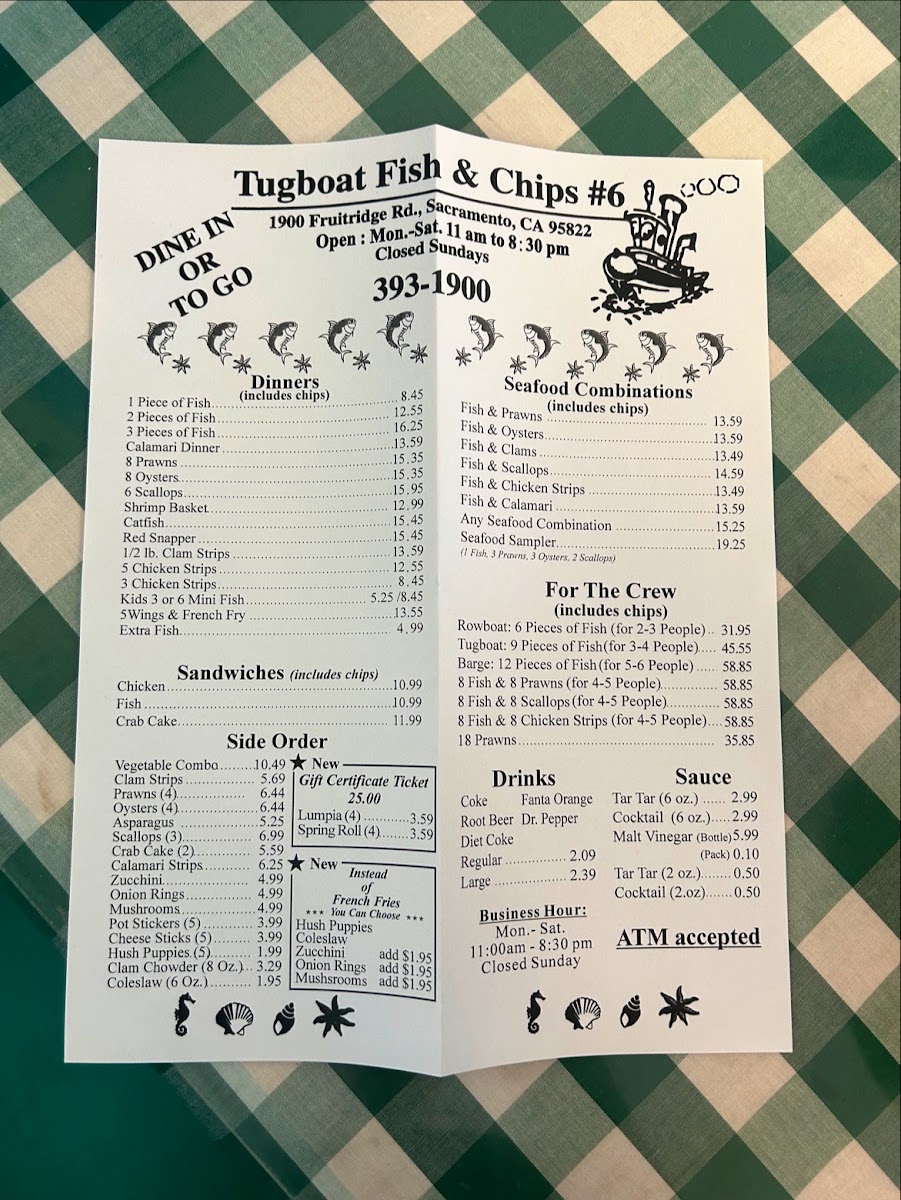 Tugboat Fish & Chips menu board