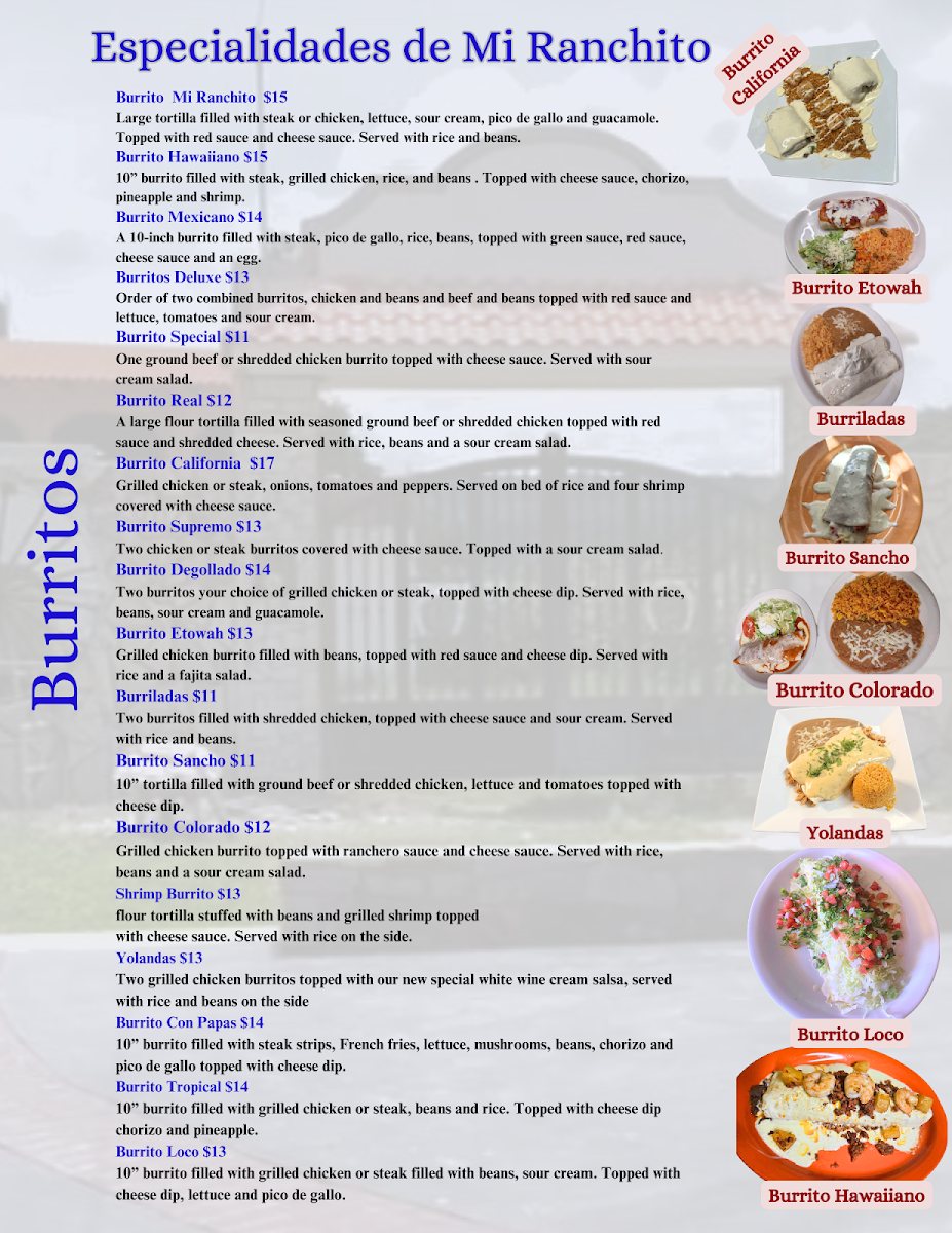 Mi Ranchito, Inc menu board