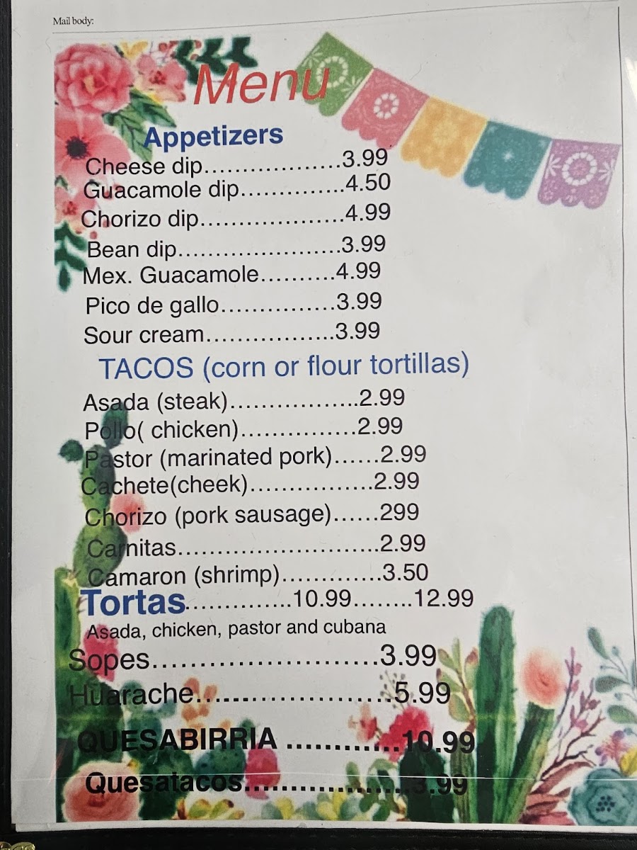 Bala's Mexican Restaurant menu board
