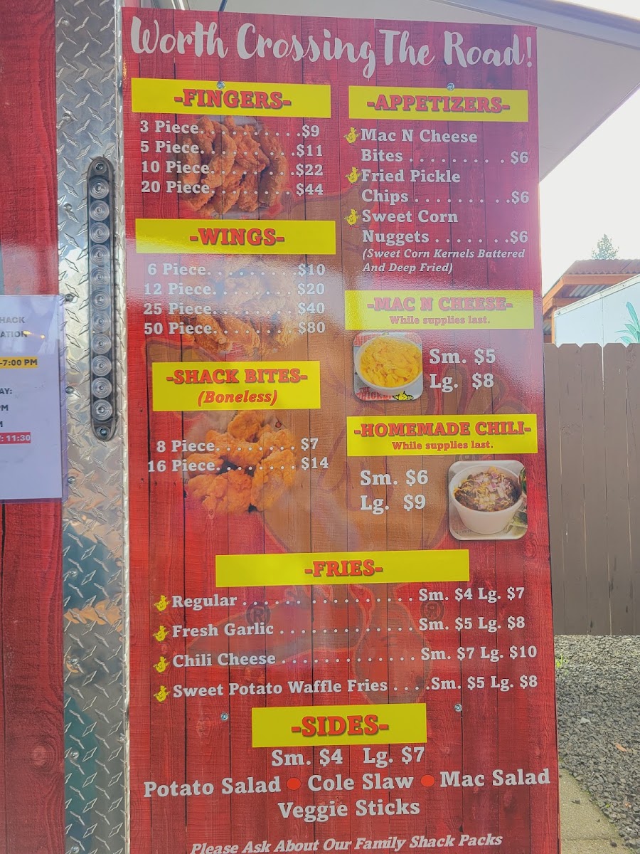 The Chicken Shack at The Barn menu board