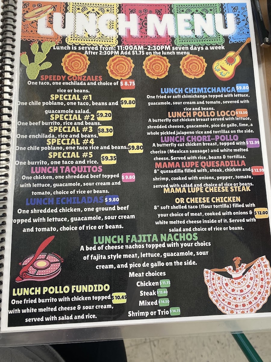 Mama Lupe Mexican Food menu board