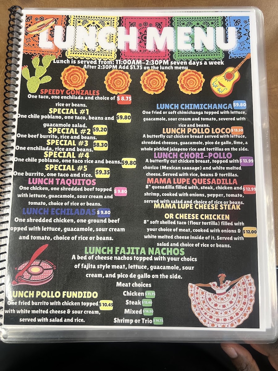 Mama Lupe Mexican Food menu board