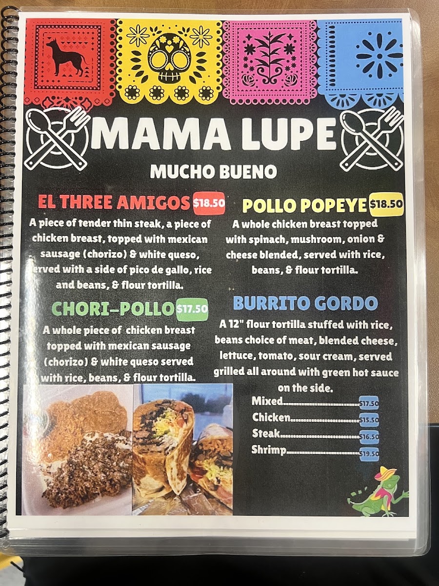 Mama Lupe Mexican Food menu board