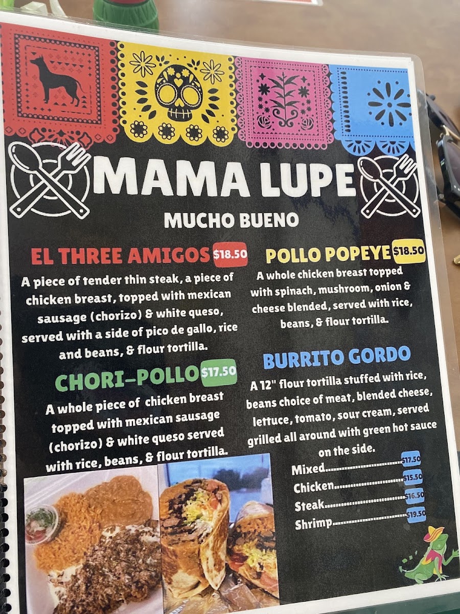 Mama Lupe Mexican Food menu board