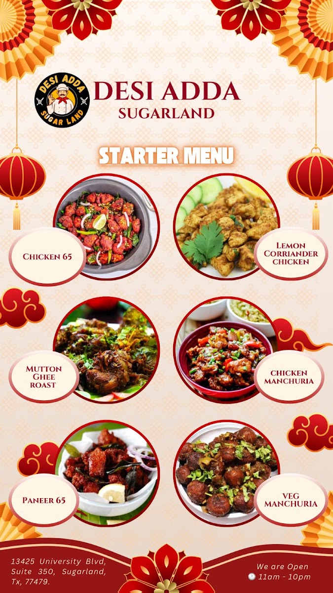 DESI ADDA Sugar Land menu board