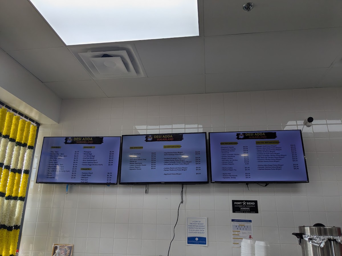 DESI ADDA Sugar Land menu board