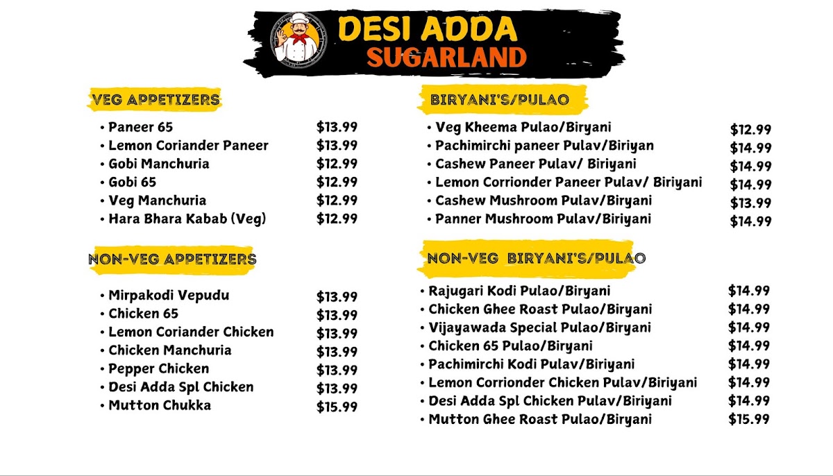 DESI ADDA Sugar Land menu board