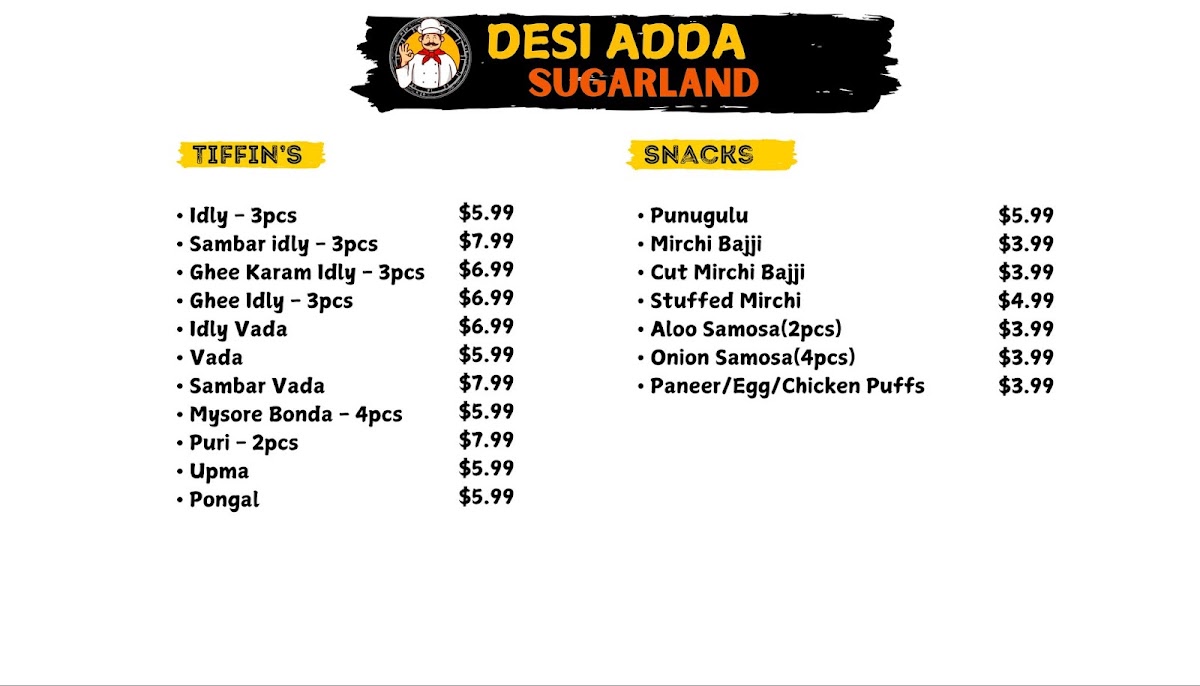 DESI ADDA Sugar Land menu board
