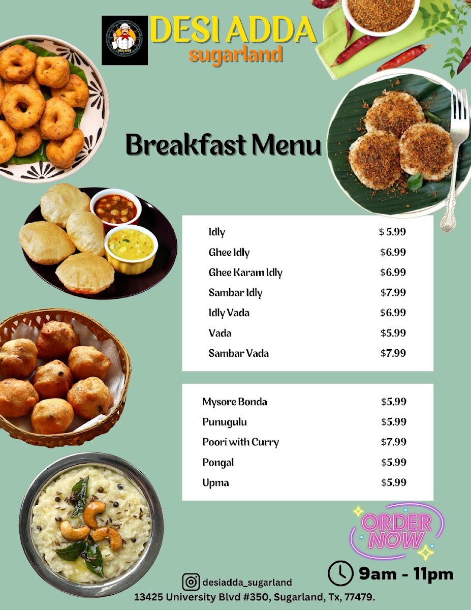 DESI ADDA Sugar Land menu board
