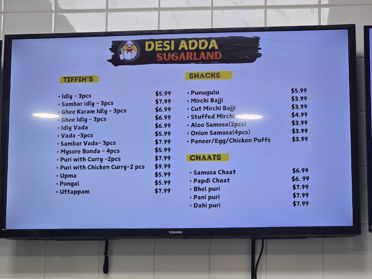 DESI ADDA Sugar Land menu board