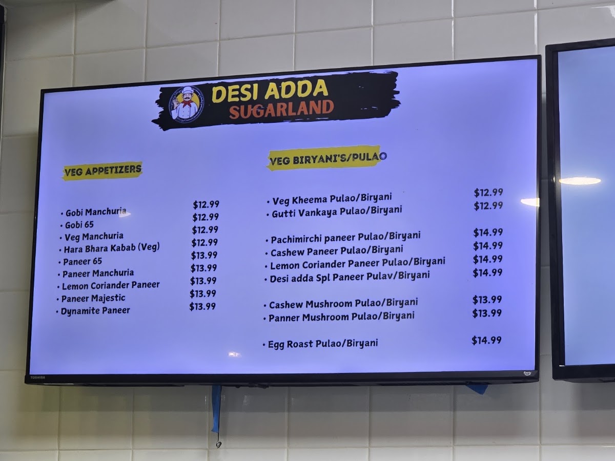 DESI ADDA Sugar Land menu board