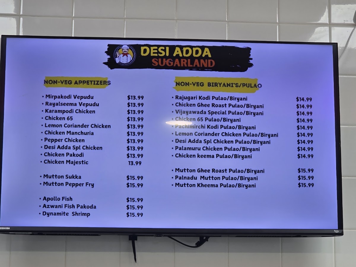 DESI ADDA Sugar Land menu board