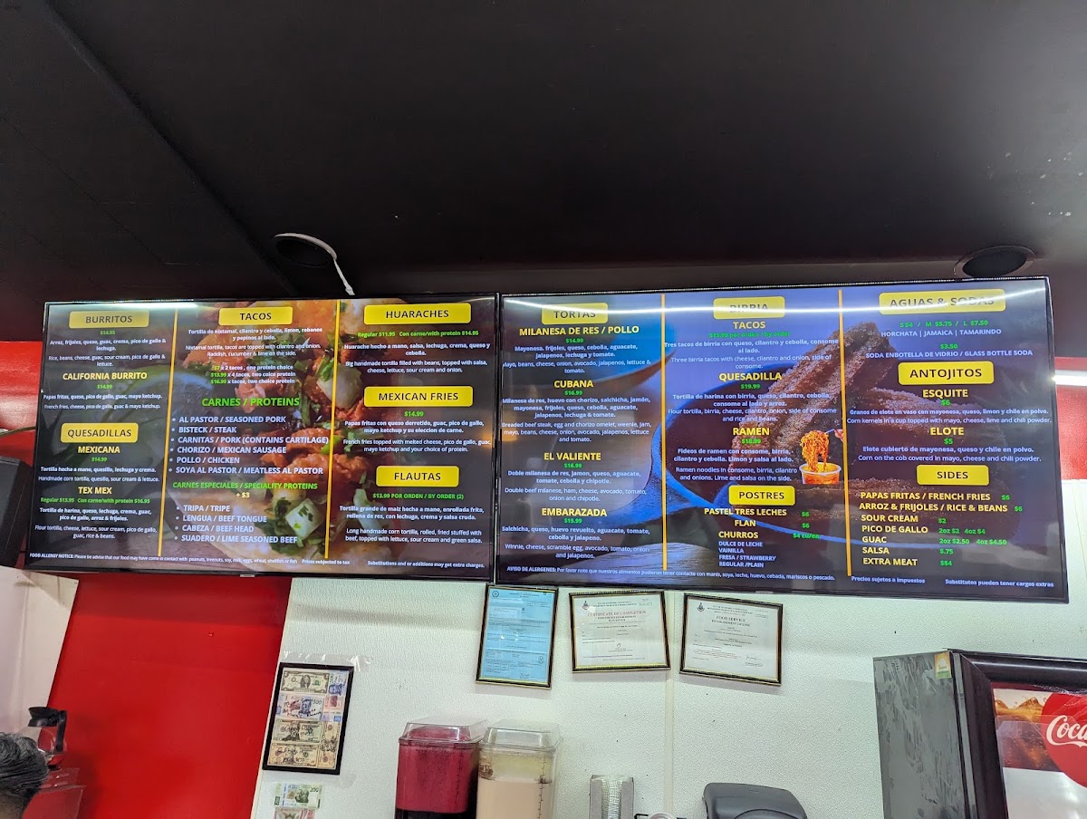 Taqueria La Frontera menu board