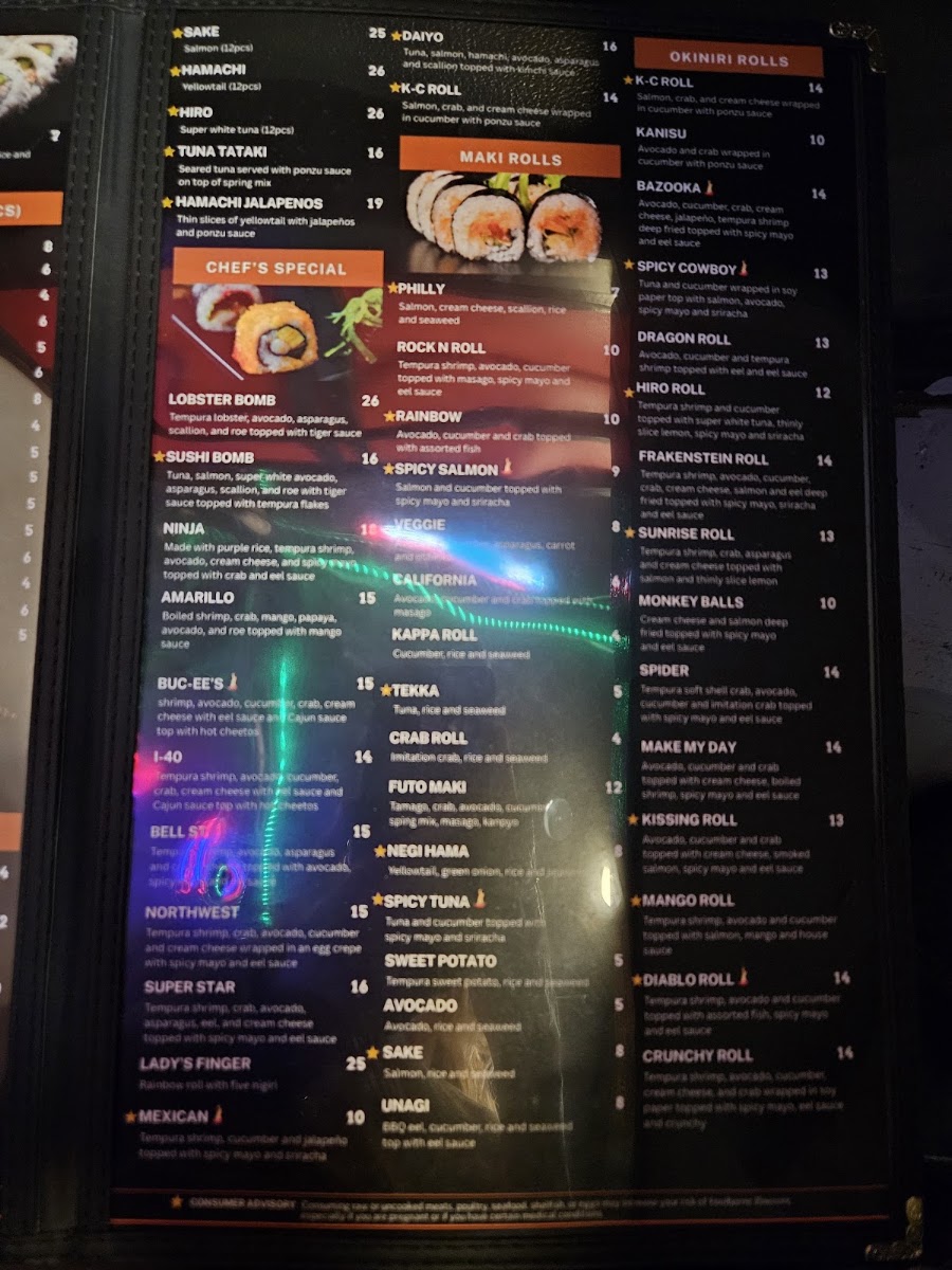 Cowboy Sushi Fusion menu board