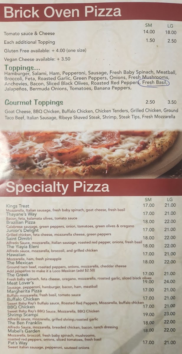 Kings Brick Oven Pizza & Pub menu board