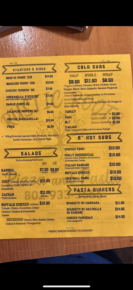 Rustic Roots Pizza and Pasta menu board