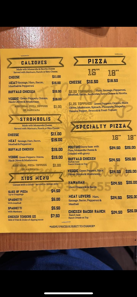 Rustic Roots Pizza and Pasta menu board