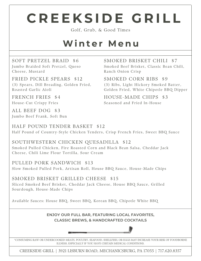 Creekside at Liberty Forge menu board