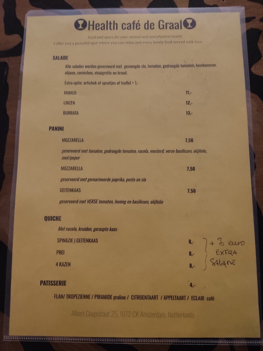 De Graal Health Cafe menu board