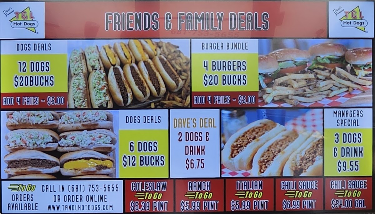 T&L Hot Dogs menu board