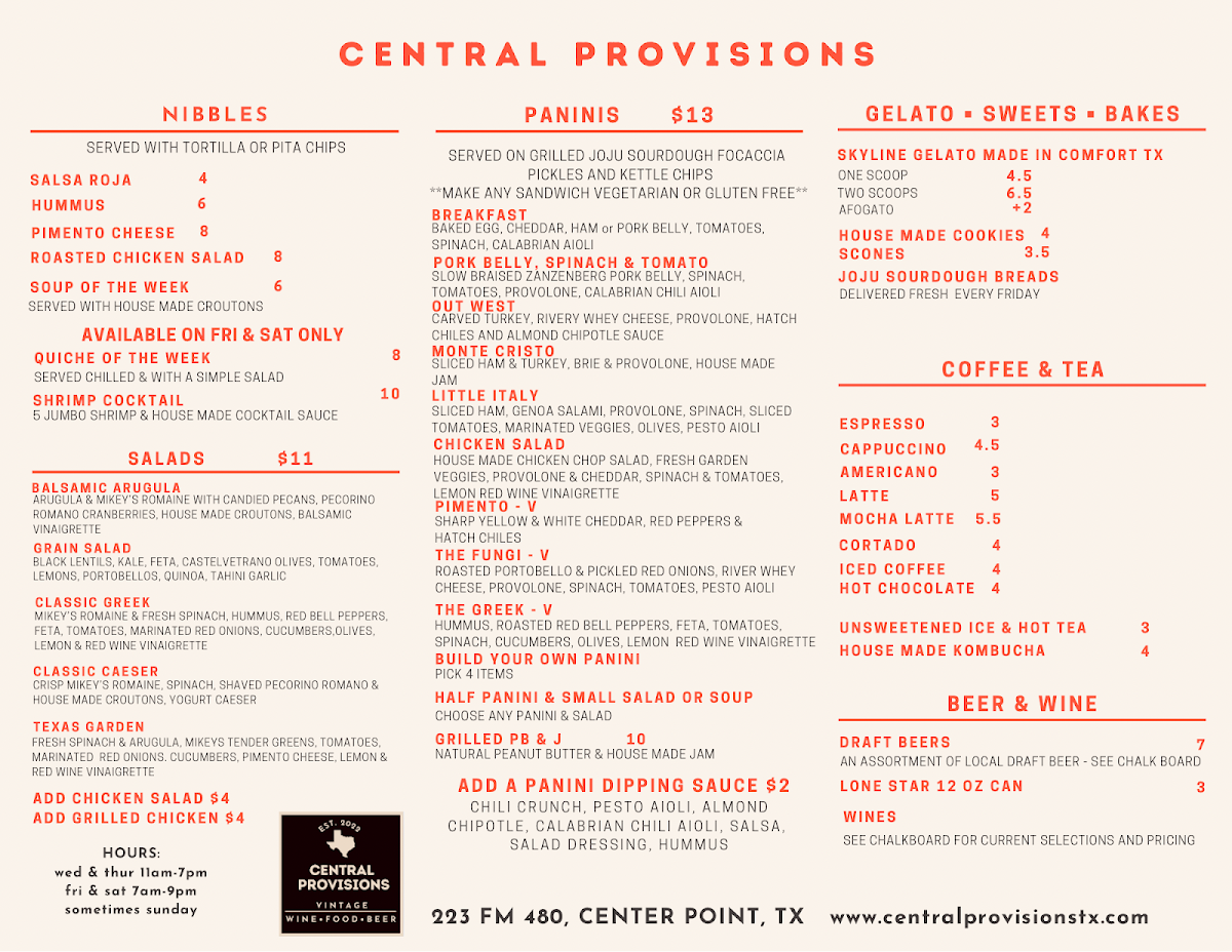 Central Provisions TX menu board